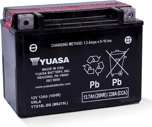 Motocyklowy akumulator AGM 13,7Ah/13Ah 230A [SAE] YUASA 12V YTX15L-BS